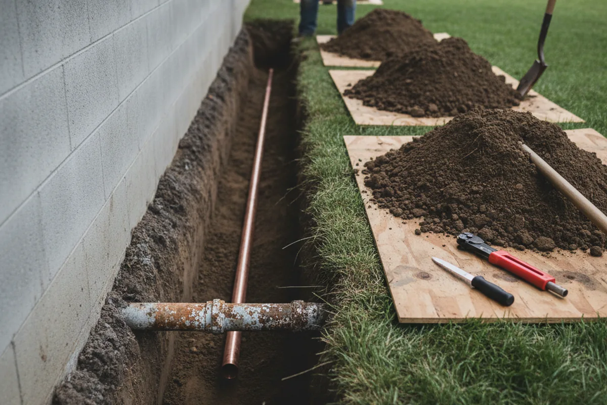 Excavated water line trench during Water Softener Installation in Ballwin